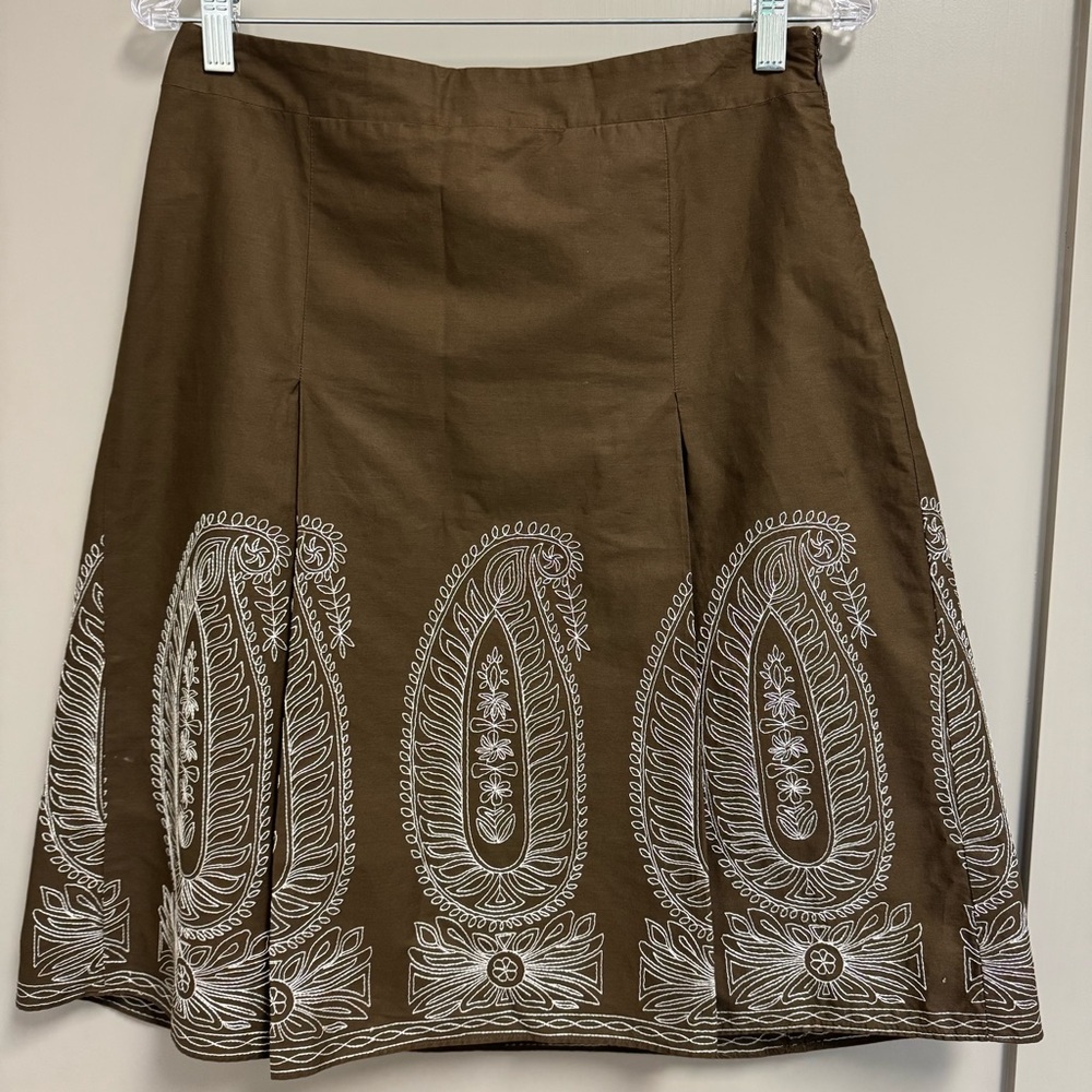 Ann Taylor Brown Cotton Fully Lined Skirt A Line Size 4 Embroidered‎ Detail